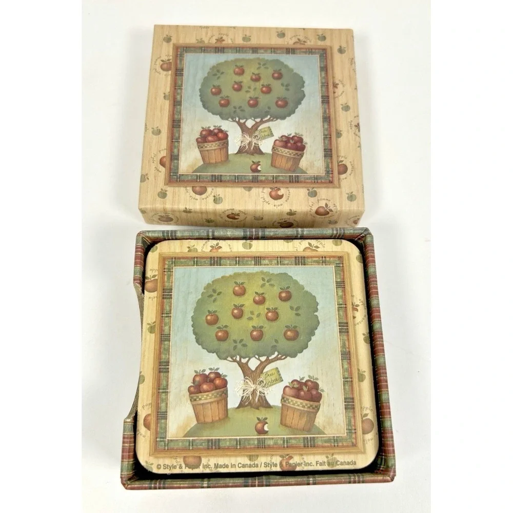 VTG Apple Tree Fall Cork Back Drink Coaster Set of 5 90's Cottagecore